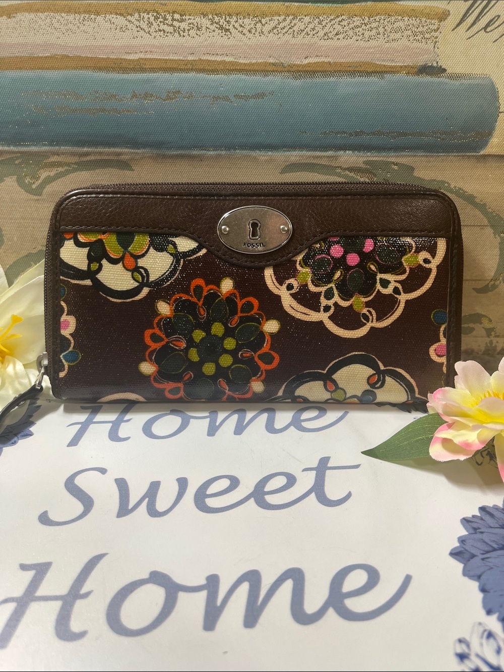 Fossil Brown Floral Pattern Zip Wallet with Multicolor Accents